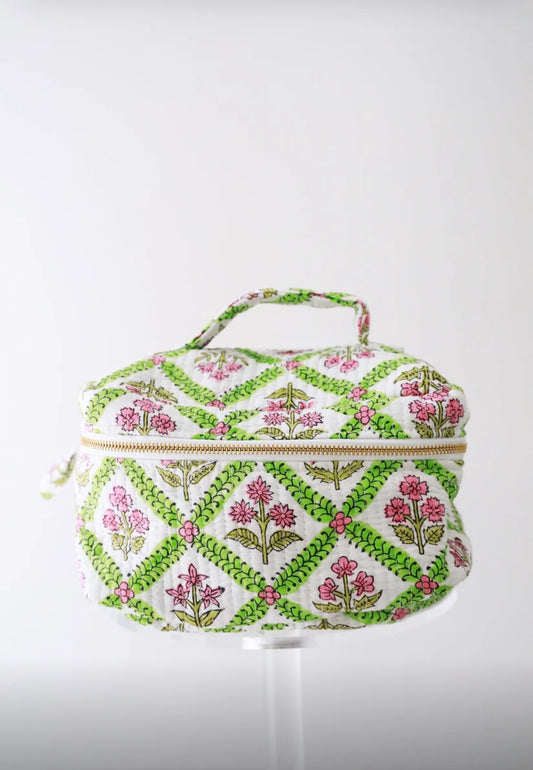 Quilted Cosmetic Train Case - Pink and Green Lattice