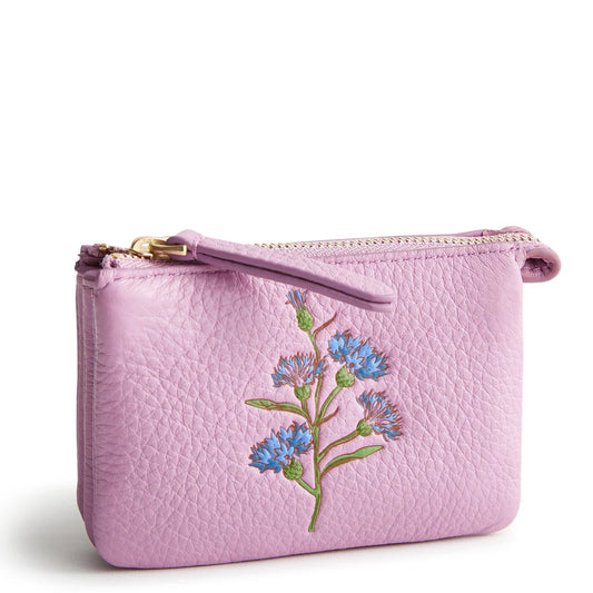 Accordion Card Case-Bachelor Button on Smoky Grape in Leather