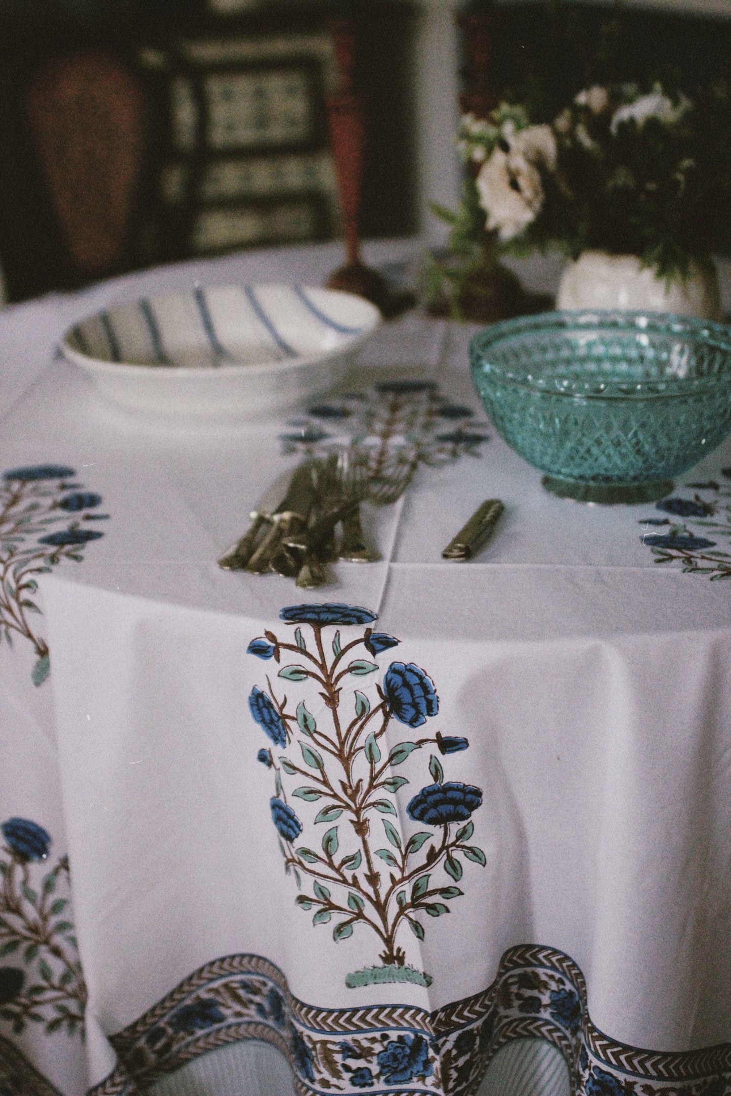 Floral Block Print Tablecloth- White and Blue