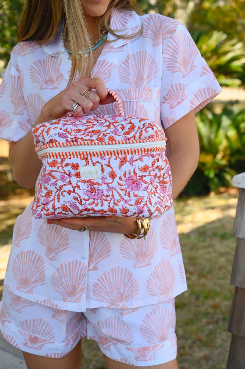 Quilted Cosmetic Train Case - Coral Floral