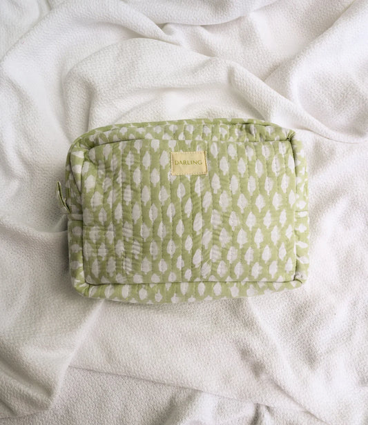 Quilted Cosmetic Bag - Sage Green Leaf