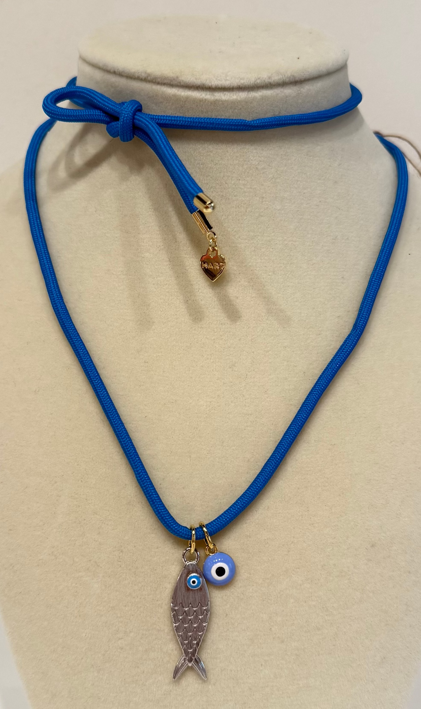 Cobalt Cord with  Mini Blue Evil Eye + Silver Fish