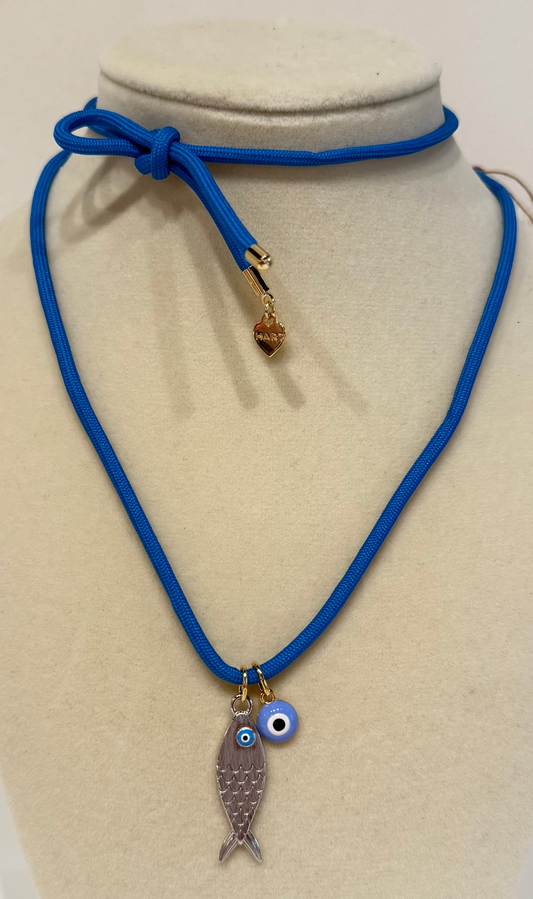 Cobalt Cord with  Mini Blue Evil Eye + Silver Fish