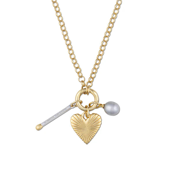 Percy Clip Necklace: Matchstick, Small Ribbed Heart of Gold, Gray Cloud Pearl