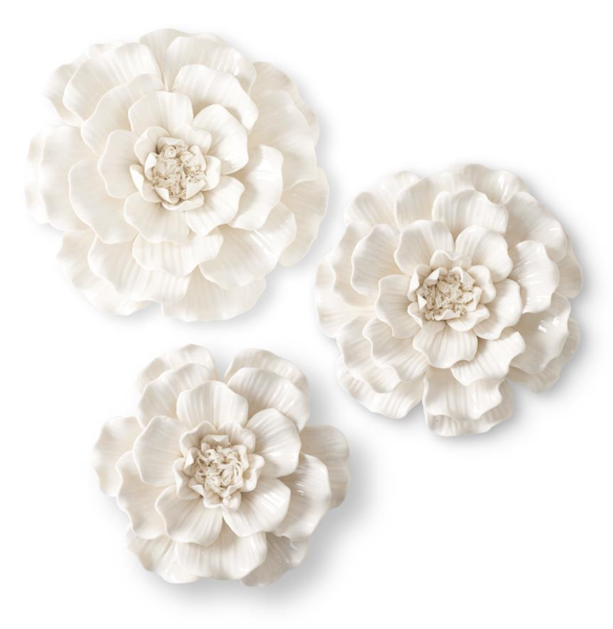 Wall Hanging Glossy Ceramic White Flowers- Set of 3