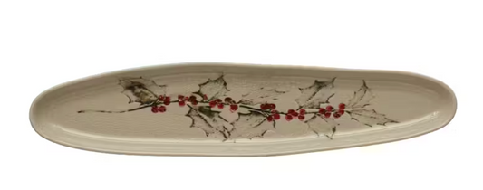 Oval Debossed Stoneware Tray with Holly, Reactive Crackle Glaze