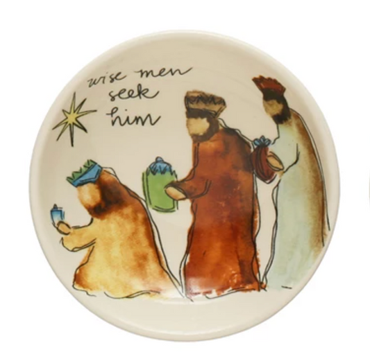 Round Stoneware Dish w/ Christmas Saying & Image, Multi Color, 4 Styles