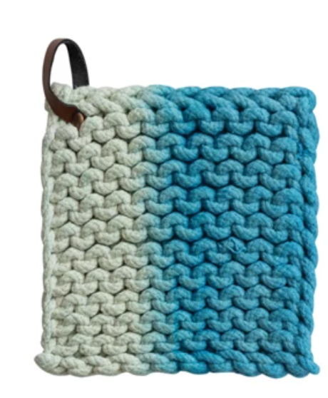 Dip-Dye Cotton Crocheted Pot Holder with Leather Loop, 3 Styles