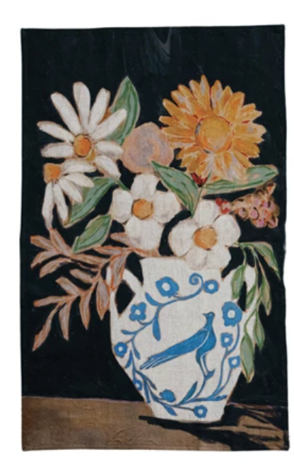 Cotton & Linen Printed Tea Towel w/ Flowers in Vase, 3 Styles