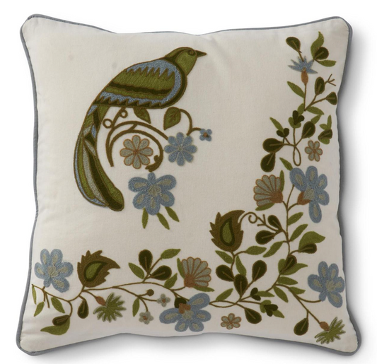 20 Inch Square Blue Green Embroidered Floral & Bird Pillow