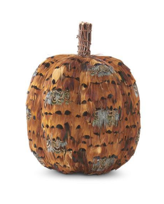 9 Inch Orange & Brown Feather Pumpkin w/Twig Stem