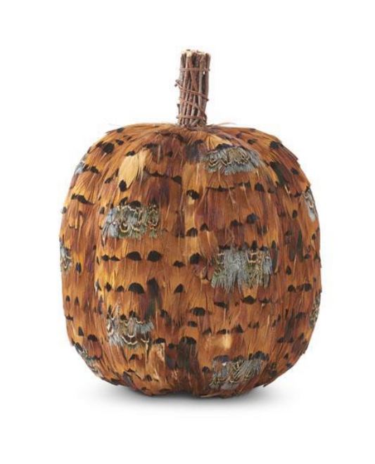 9 Inch Orange & Brown Feather Pumpkin w/Twig Stem