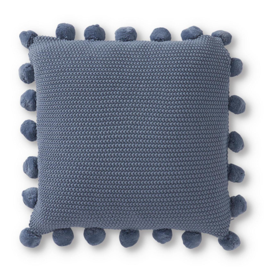 20 Inch Light Blue Moss Stitch Knit Pillow w/Pompom Trim