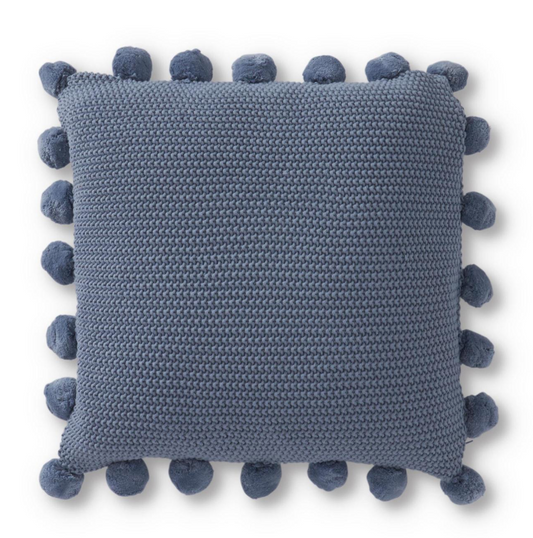 20 Inch Light Blue Moss Stitch Knit Pillow w/Pompom Trim