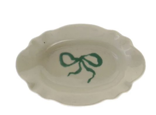 Stoneware Scalloped Dish with Bow, 4 Colors
