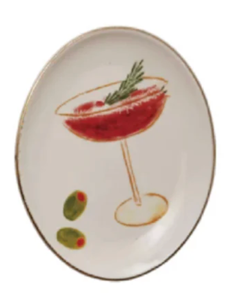 Holiday Oval Stoneware Dish with Cocktail Image, 4 Styles