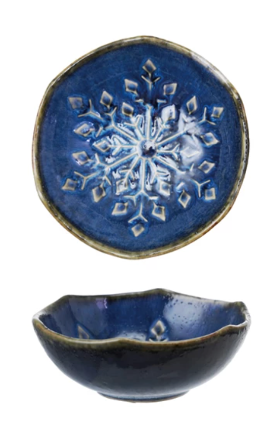 Snowflake Debossed Stoneware Organic Shaped Bowl, 2 Styles (Each Will Vary)