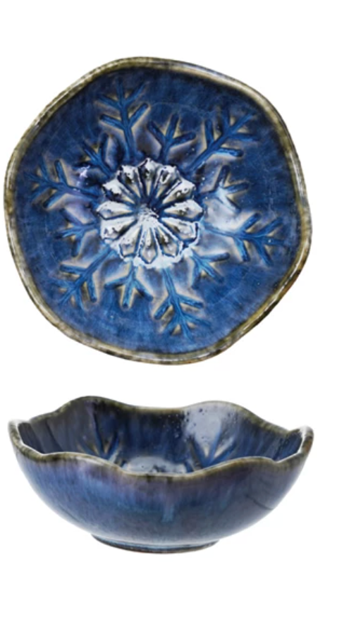 Snowflake Debossed Stoneware Organic Shaped Bowl, 2 Styles (Each Will Vary)