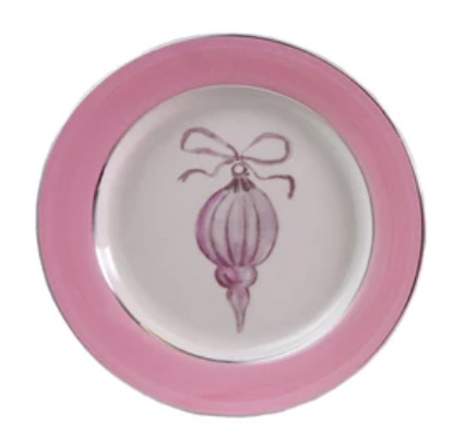 Stoneware Plate with Ornament Image & Electroplated Edges, 4 Styles