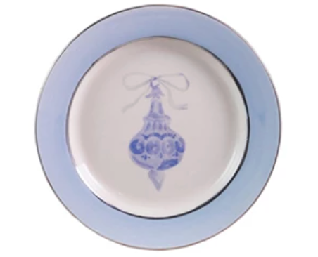 Stoneware Plate with Ornament Image & Electroplated Edges, 4 Styles