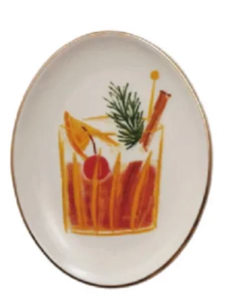 Holiday Oval Stoneware Dish with Cocktail Image, 4 Styles