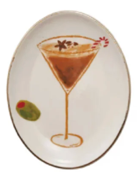 Holiday Oval Stoneware Dish with Cocktail Image, 4 Styles
