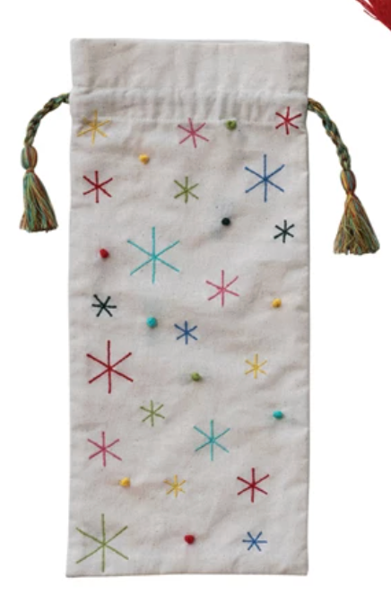 Hand-Embroidered Drawstring Wine Bag with Tassels/Pom Poms, 3 Styles