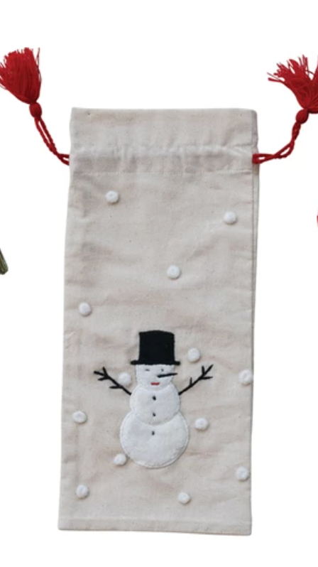 Hand-Embroidered Drawstring Wine Bag with Tassels/Pom Poms, 3 Styles