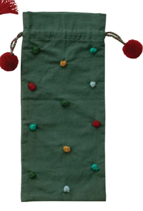 Hand-Embroidered Drawstring Wine Bag with Tassels/Pom Poms, 3 Styles