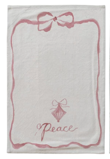 Cotton Printed Tea Towel with Bow, Ornament & Word, 3 Styles