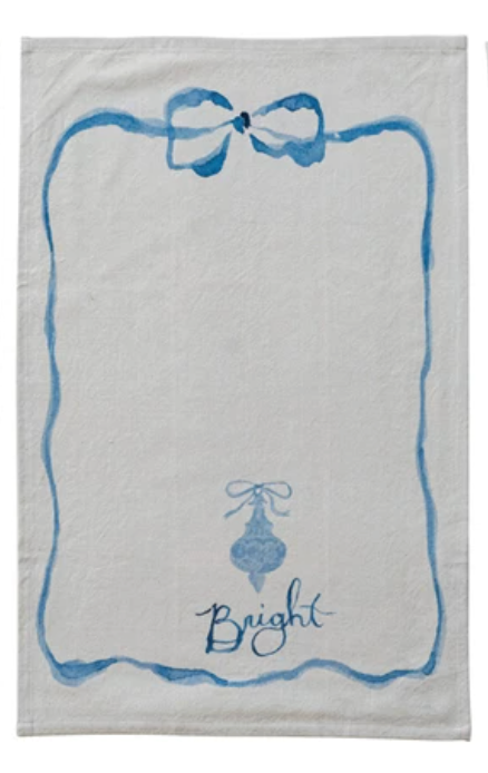 Cotton Printed Tea Towel with Bow, Ornament & Word, 3 Styles