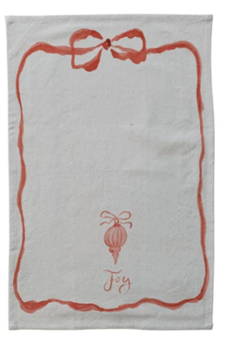 Cotton Printed Tea Towel with Bow, Ornament & Word, 3 Styles