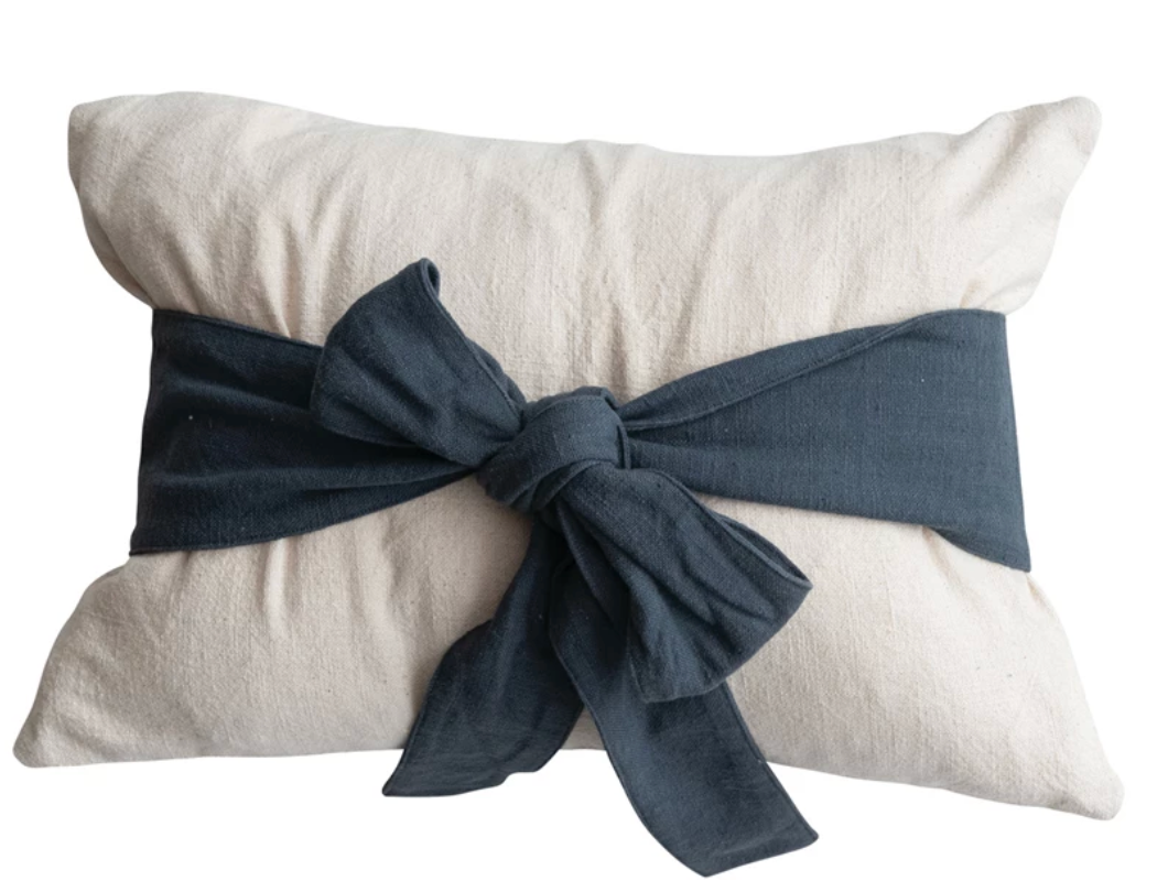 Woven Cotton Lumbar Pillow with Bow, Natural & Navy Color