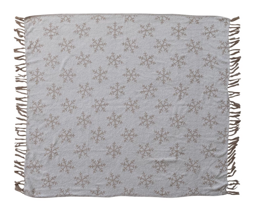 Woven Recycled Fabric Jacquard Throw with Snowflake Pattern & Fringe