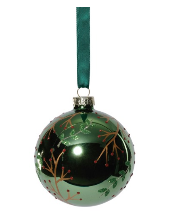 Shiny Green Metallic Glass Ball Ornament w/ Gold Leaf & Twig