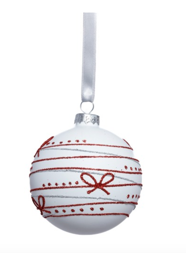 Matte White Glass Ornament w/Red Ribbon Design,3.2"