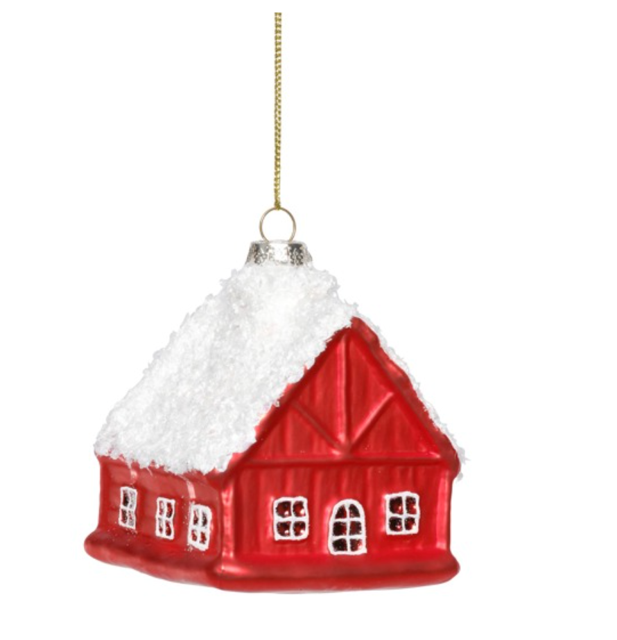 Glass Red House w/ White Roof Ornament