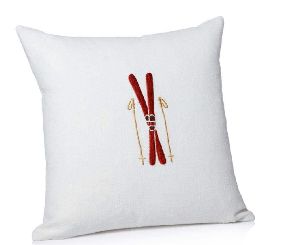 Ski Mountain Cotton Embroidered Throw Pillow, Skis