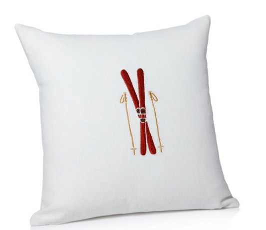 Ski Mountain Cotton Embroidered Throw Pillow, Skis