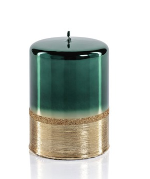 Metallic Pillar Candle- Green w/ Gold Brushed and Gold Glitter