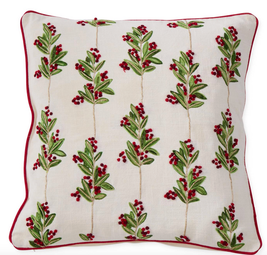Cream Cotton Pillow w/Holly Leaves & Berries-20"
