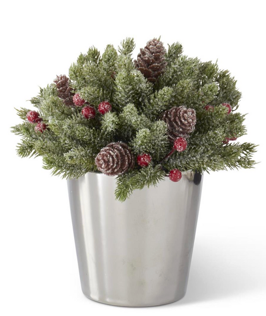 7 Inch Glittered Pine Ball in Silver Ceramic Pot