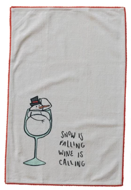 Tea Towel with Holiday Icon, Tipsy Saying & Pom Pom Trim, 4 Styles