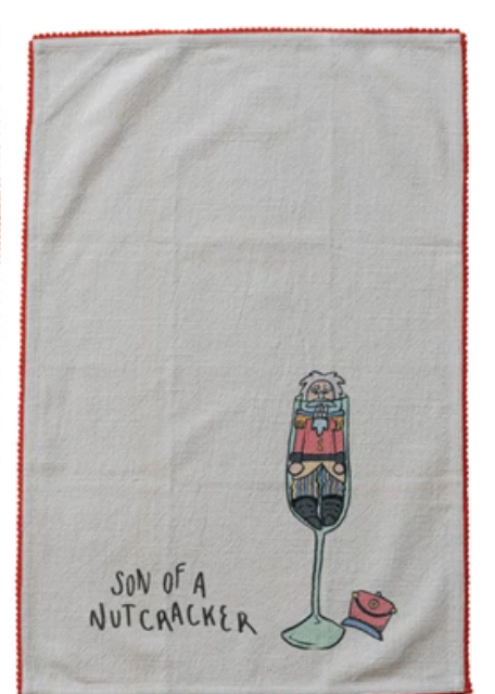 Tea Towel with Holiday Icon, Tipsy Saying & Pom Pom Trim, 4 Styles