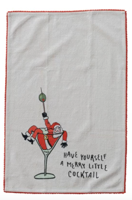 Tea Towel with Holiday Icon, Tipsy Saying & Pom Pom Trim, 4 Styles
