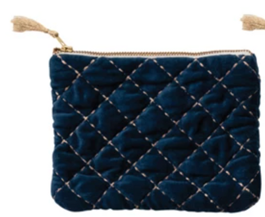 Quilted Cotton Velvet Zip Pouch w/ Metallic Thread Embroidery & Tassel, 6 Colors