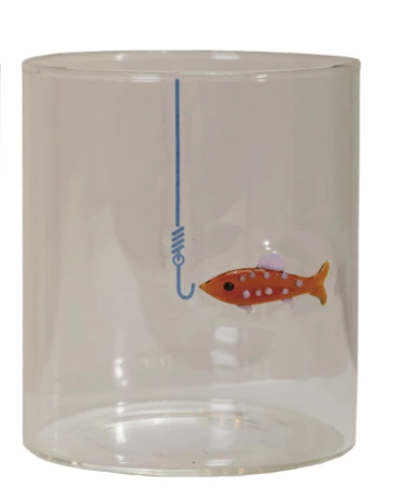 12 oz. Hand-Blown Drinking Glass with Fish On Hook, 3 Styles