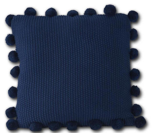 20 Inch Navy Stitch Knit Pillow w/Pompom Trim