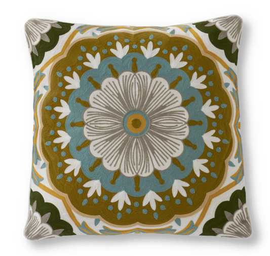 19 Inch Square Hand Embroidered Multi-color Medallion Print PIllow