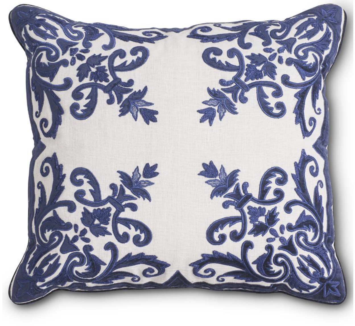 20 Inch Royal Blue Velvet and Linen Embroidered Pillow